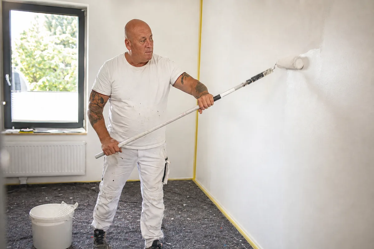 Carsten Bayer beim Streichen einer Wand mit der Farbrolle
